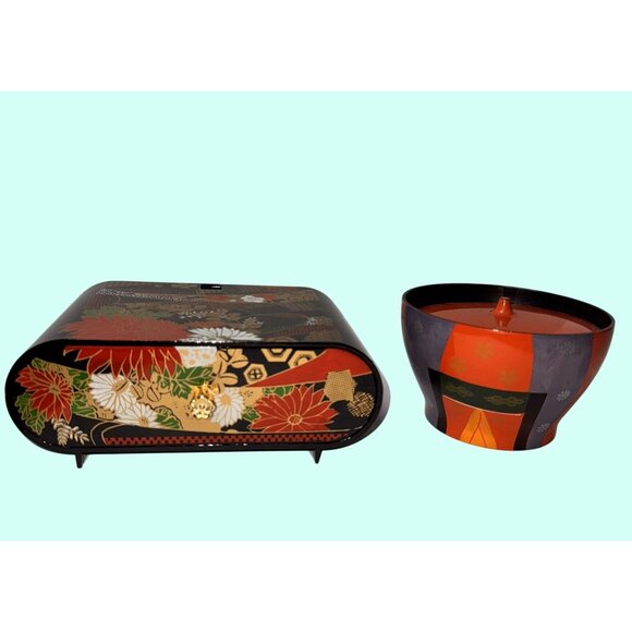 Vintage Japanese Lacquerware Box & Bowl Set With Lid - Picture 2 of 12